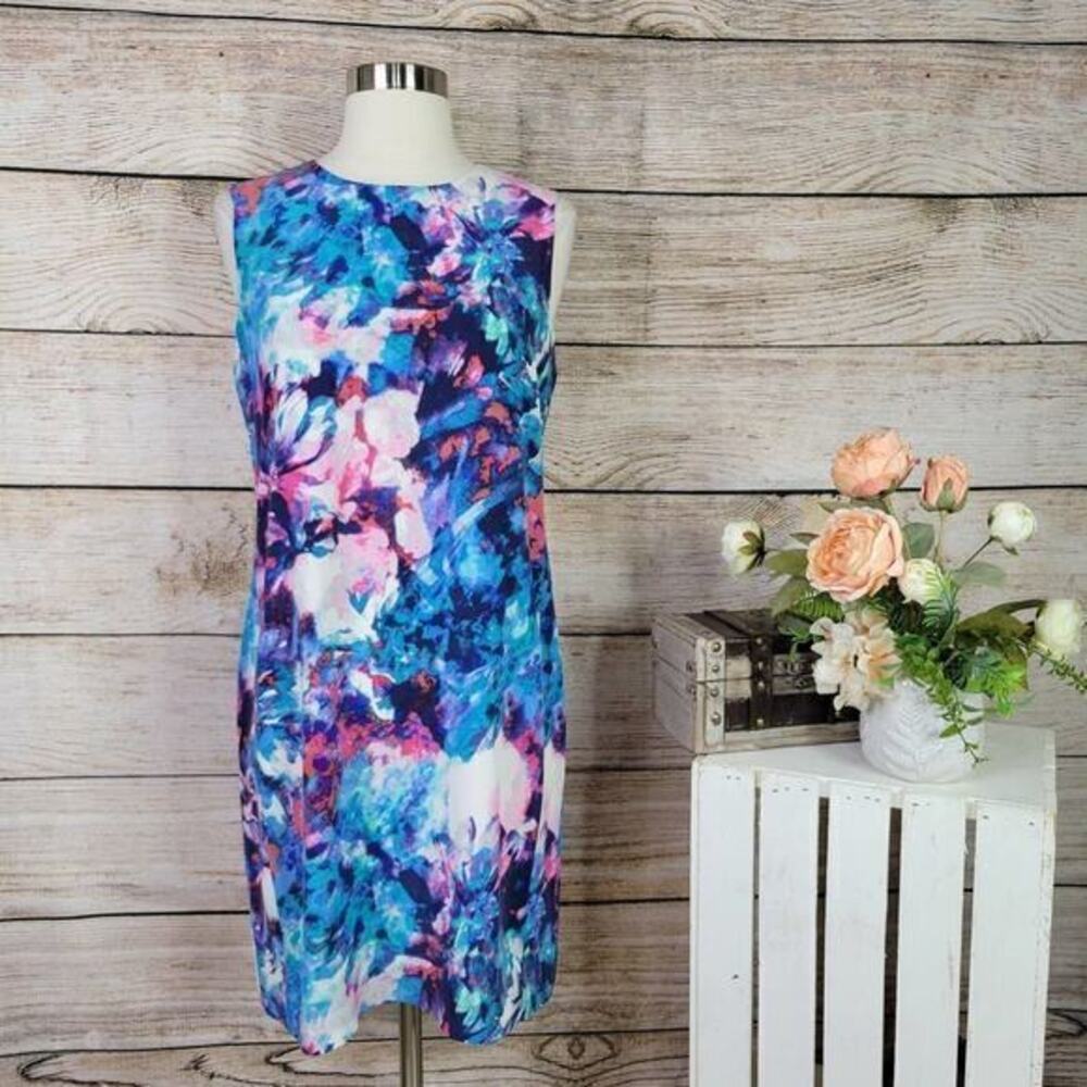 Cynthia‎ Rowley 100% Silk Watercolor Sleeveless Shift Dress 6